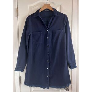Zilcremo Women's Long Sleeve Denim Shirt Dress Dark Wash Frayed Hem Size M